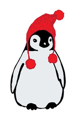 A little penguin in a hat. Drawing by hand.