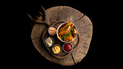 Rustic potatoes with a set of sauces