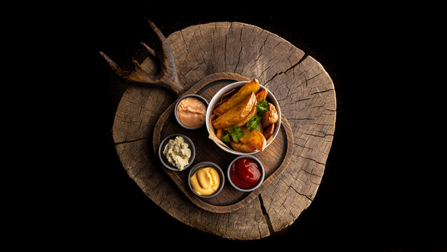 Rustic potatoes with a set of sauces