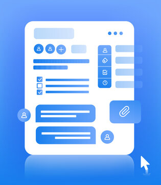 Task  manager card with chek list and chat. Vector illustration 