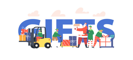 Christmas Gifts Concept. Santa Claus and Elves Helpers Loading Presents in Truck for Delivery to Children Illustration