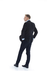 back view. business man reading an ad on a white screen .