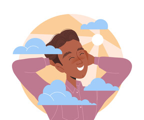 Happy Man Character with His Head in Clouds Having Fancy Imagination Vector Illustration