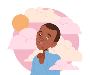 Happy Woman Character with Her Head in Clouds Having Fancy Imagination Vector Illustration