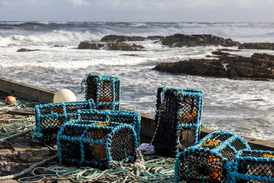 Lobster pots in Rosehearty harbor on the north coast of Scotland