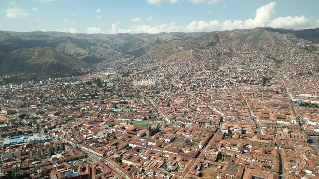 High up view of Cusco, Peru on a sunny day.