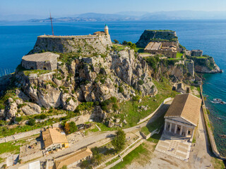 Fototapeta na wymiar Aerial drone close up view from old fortress in Corfu island, Greece