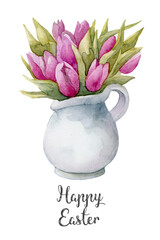 tulips in vase spring watercolor easter illustration - 551785742