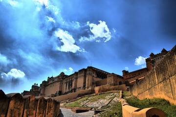 View of the main monuments and tourist spots in Jaipur (India), in the state of Rajasthan. Amber...