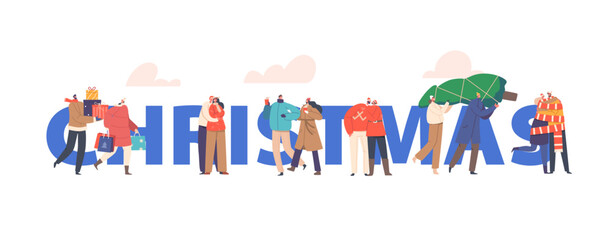 Young Couple Celebrate Christmas Holiday Concept. Man and Woman Buying Gifts and Tree, Hug, Walk. Happy Family