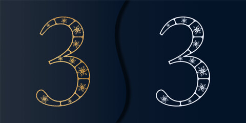 Snowflake Alphabet. Golden Number 3. Christmas Font. Vector Snowflake Monogram.