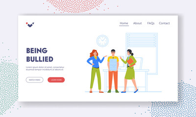 Victim Of Social Bullying Landing Page Template. Women Pointing At Sad Depressed Worker Male Character Illustration