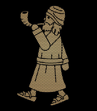gold figure blowing shofar on black clip art preview
