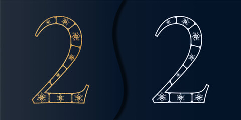 Snowflake Alphabet. Golden Number 2. Christmas Font. Vector Snowflake Monogram.