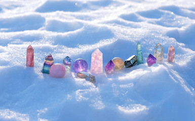 quartz minerals on snow, abstract winter background. Different Gemstones for esoteric Crystal Ritual, Witchcraft, spiritual energy practice. reiki healing therapy for life balance. winter solstice - obrazy, fototapety, plakaty