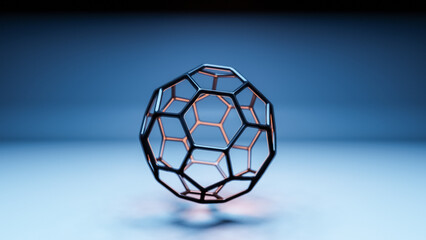 Fototapeta premium Buckminsterfullerene C60 Molecule model, allotrope of fullerene carbon atoms, round sphere with hexagonal rings or mesh, molecular 3D illustration