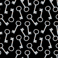 Rusty iron key seamless pattern. Watercolor illustration. Isolated on a black background.