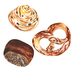 Watercolor bakery products. Handmade on a white background. Raster