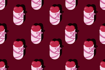 Baby heart in a diaper on pink background. Gender party. Marketing material. Website banner for the perinatal center. Wallpaper and fabric print. Seamless pattern with childbirth. 