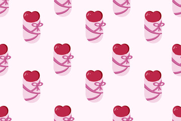 Baby heart in a diaper on viva magenta background. Gender party. Marketing material. Website banner for the perinatal center. Wallpaper and fabric print. Seamless pattern with childbirth. 