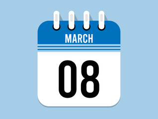 8 day March calendar icon. Banner for appointments, special dates and birthdays. Calendar vector for March in blue color on light background