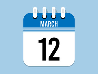 12 day March calendar icon. Banner for appointments, special dates and birthdays. Calendar vector for March in blue color on light background