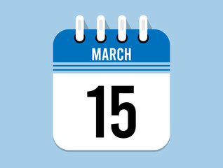 15 day March calendar icon. Banner for appointments, special dates and birthdays. Calendar vector for March in blue color on light background