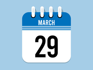 29 day March calendar icon. Banner for appointments, special dates and birthdays. Calendar vector for March in blue color on light background