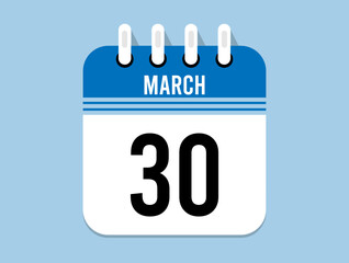 30 day March calendar icon. Banner for appointments, special dates and birthdays. Calendar vector for March in blue color on light background