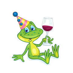 Happy birthday! Small funny frog in a festive hat sits with a glass of wine in his hand. In cartoon style. Isolated on white background. Vector illustration