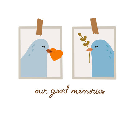 Hand-drawn film photos with blue birds. Concept of valentine's day, romance, love. Cute domestic pet.