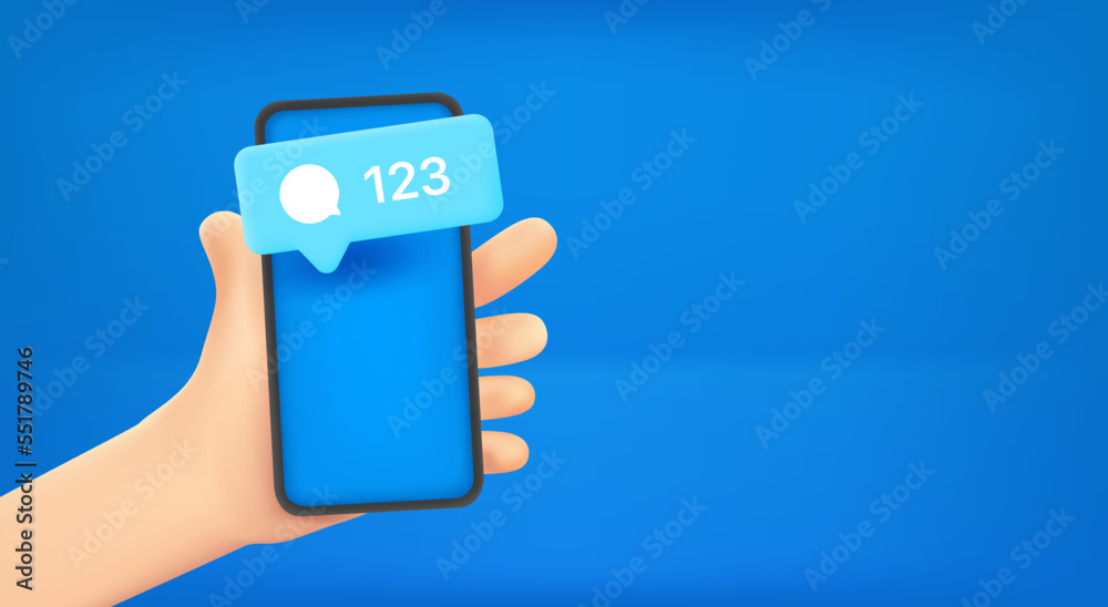 Poster Man holding smartphone with new messeges notification. Vector banner with copy space