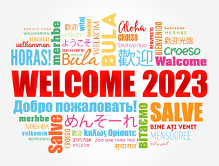 Fototapeta premium WELCOME 2023 word cloud in different languages, conceptual background