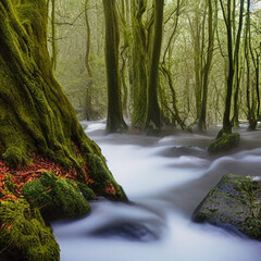 Mystical, foggy forest with towering trees and a babbling brook