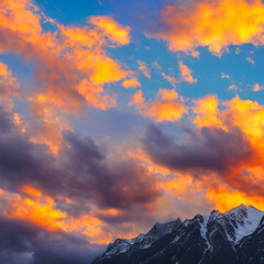 Majestic mountain peak with dramatic clouds and vibrant sunset