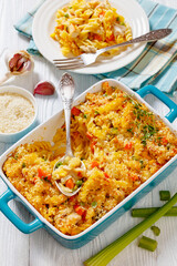 Chicken Pot Pie Fusilli pasta Bake in baking dish