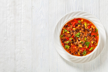 taco soup of ground beef, corn, beans and veggies