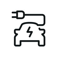 Electric car isolated icon, electric transport with lightning bolt and power plug vector icon with editable stroke