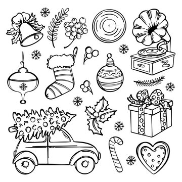 RETRO CHRISTMAS SKETCH Car Delivering Tree New Year Gifts Gramophone Record Snowflakes Berries Sweets Winter Holiday Hand Drawn Cartoon Monochrome Print