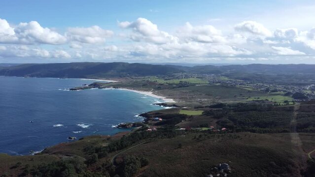 stunning ponzos beach from santa comba, galicia in spain, droneshot