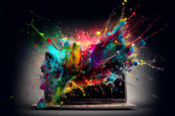 Laptop exploding with creative rainbow energy, Generative AI, is not based on any original image, character or person