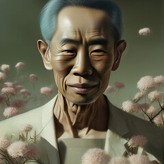 portrait of an old asian male model, surrounded by flowers - AI Generated
