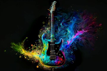 Electric guitar with rainbow paint energetic explosion, Generative AI, is not based on any original image, character or person - obrazy, fototapety, plakaty