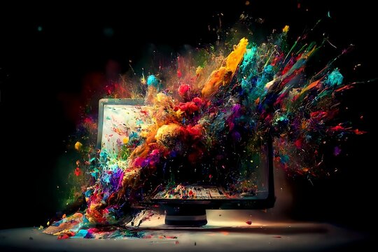 Laptop exploding with creative rainbow energy, Generative AI, is not based on any original image, character or person