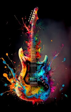 Electric guitar with rainbow paint energetic explosion, Generative AI, is not based on any original image, character or person