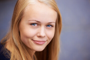 Smile portrait and happy girl face from Ireland with teen feeling relax and calm. Young teenager alone with youth skin glow and natural beauty smiling with healthy blond hair and isolated