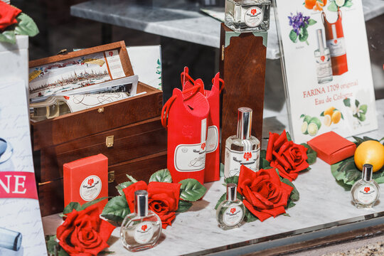 29 July 2022, Cologne, Germany: Farina odecologne historical perfume water for sale at museum shop
