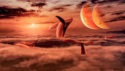 Whales in the sunset on a distant planet