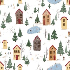 landscape with houses. Winter fun in New Years eve