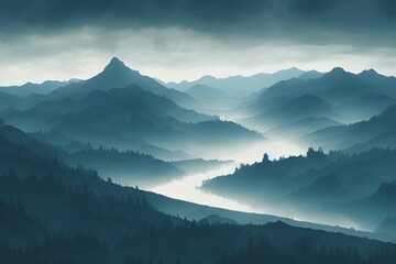 Obraz na płótnie Canvas Fantasy background with mountains, fog, and river. 